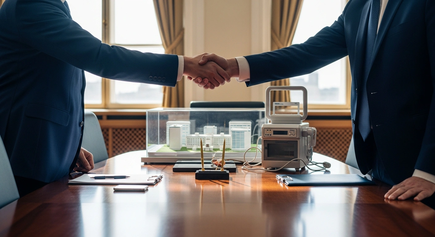 The health ministers of Russia and Egypt shake hands during a high-level meeting in Moscow to discuss pharmaceutical and medical collaboration.