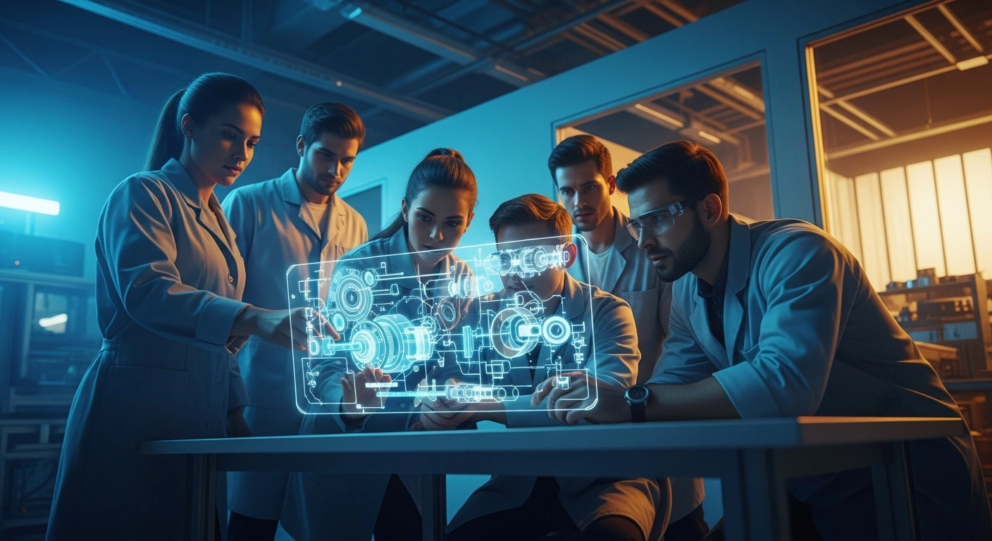 A group of Russian engineers and scientists collaborate on a high-tech project in a modern laboratory to advance national technological sovereignty.
