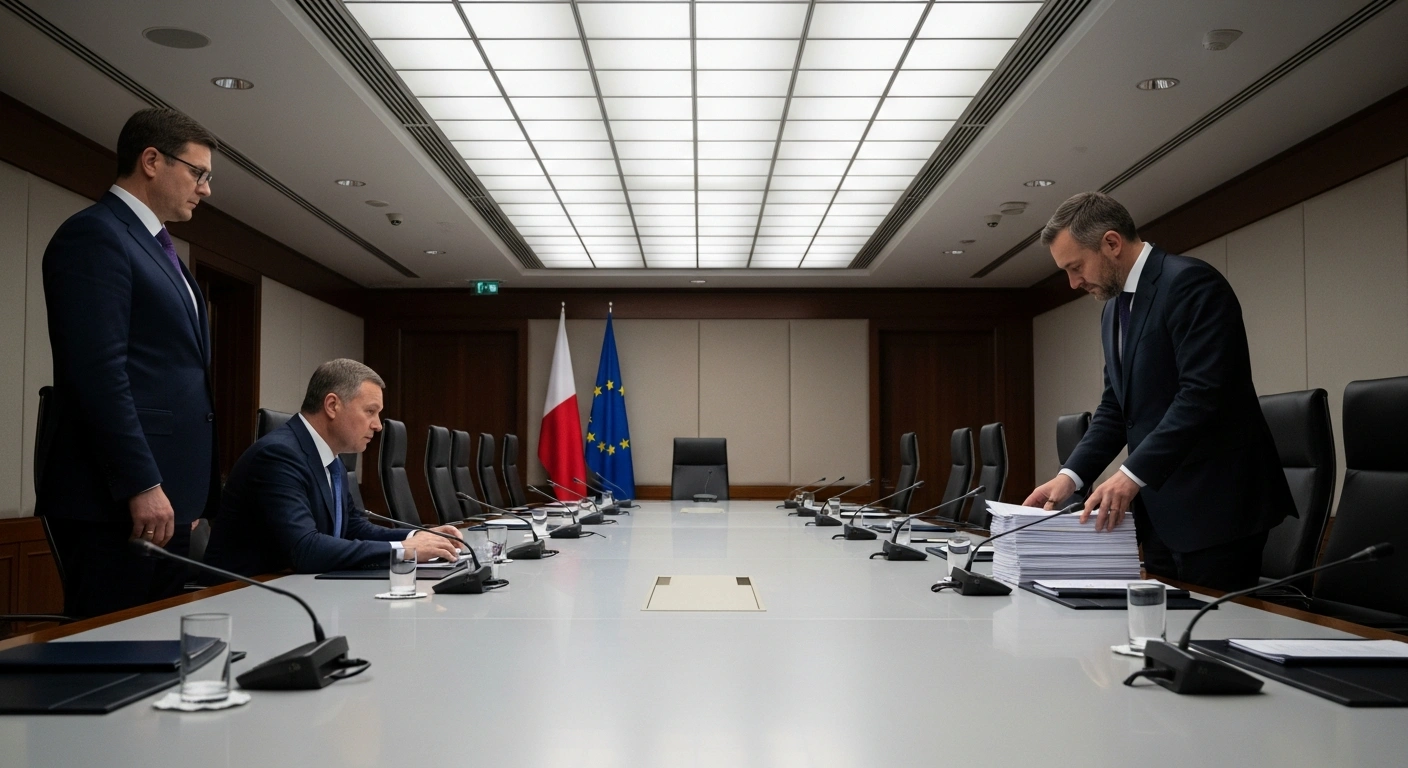 A wide, low-angle shot depicts a large, empty conference table separating a stern, powerful figure representing Russia from a frustrated EU official, symbolizing Russia's refusal to engage in talks with EU officials on the Ukraine war and its labeling of them as 'incompetent,' amidst new EU restrictions on Russian diplomats.