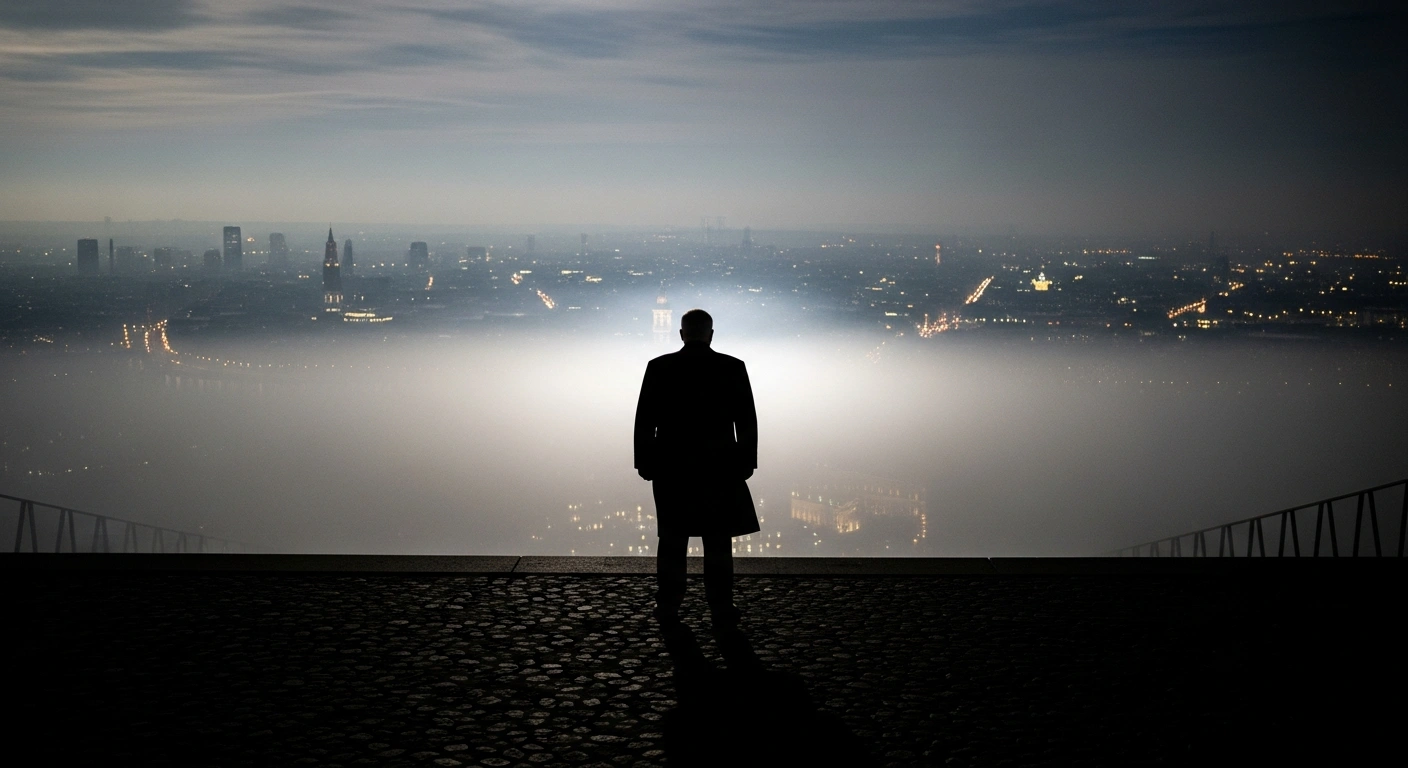 A silhouetted figure, representing Russian leadership, stands defiantly on a windswept platform overlooking a dimly lit European cityscape partially obscured by fog, symbolizing Russia's declared readiness for war and accusations of European nations obstructing US-led peace efforts in Ukraine.