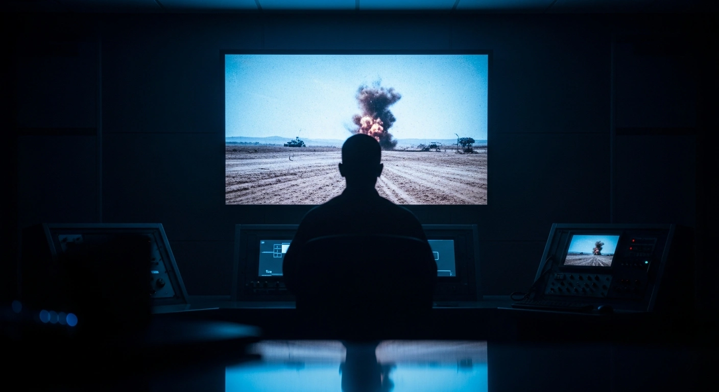 A shadowy military figure stands in a dimly lit command center, observing a large monitor displaying grainy, sepia-toned footage of an explosion, symbolizing Russia's alleged use of old video to falsely claim the destruction of a Ukrainian M270 MLRS system.