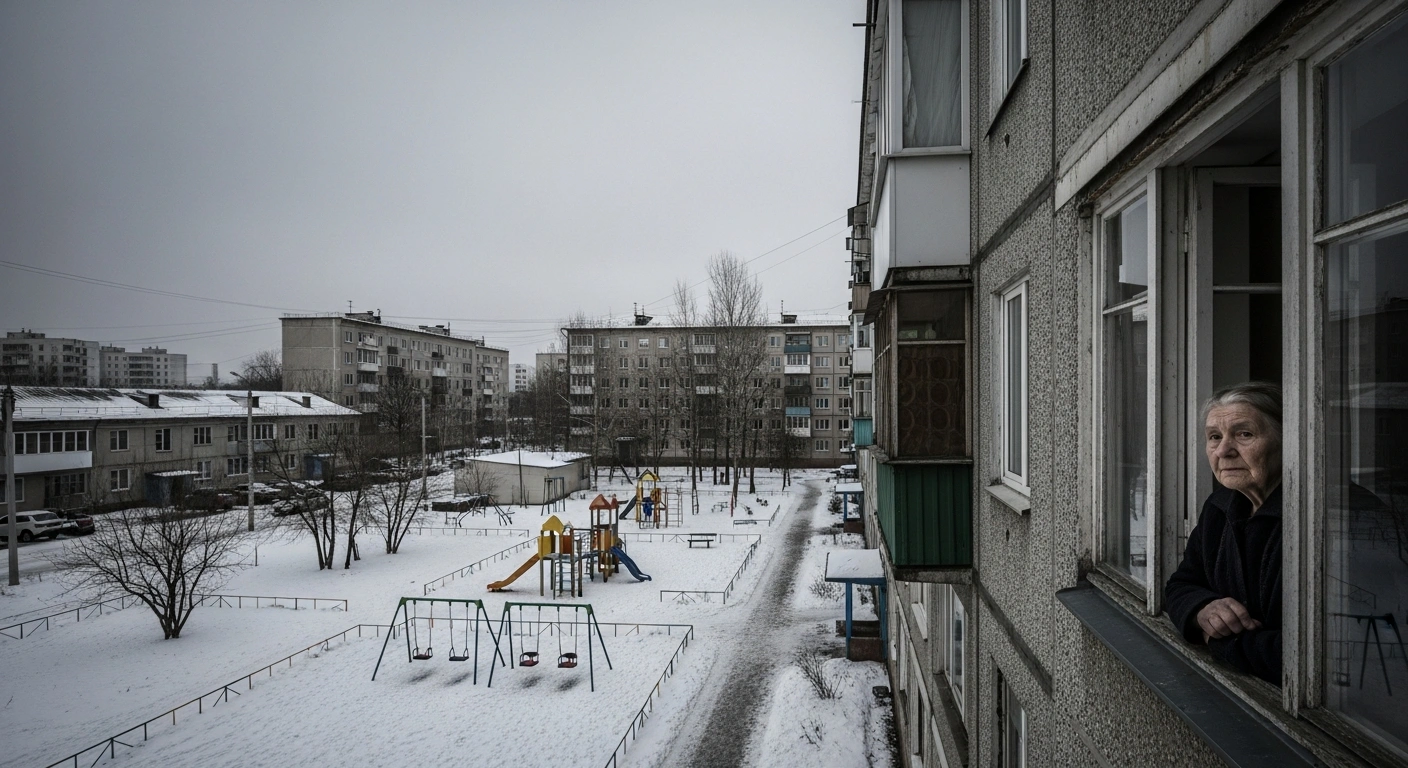 A wide shot of a desolate, snow-dusted urban landscape under an overcast sky, showing an elderly woman gazing from an apartment window at an empty playground, symbolizing Russia's declining fertility rate and demographic challenges.