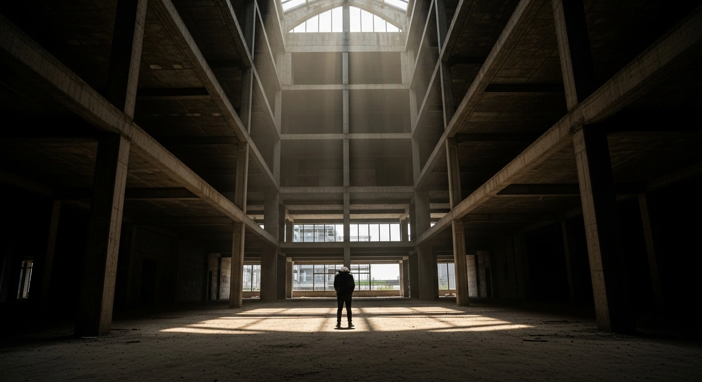 A desolate, unfinished building interior with a lone, silhouetted figure, symbolizing the significant financial setbacks and bankruptcy risks faced by Russian companies due to high mortgage rates, declining sales, sanctions, inflation, and high interest rates.