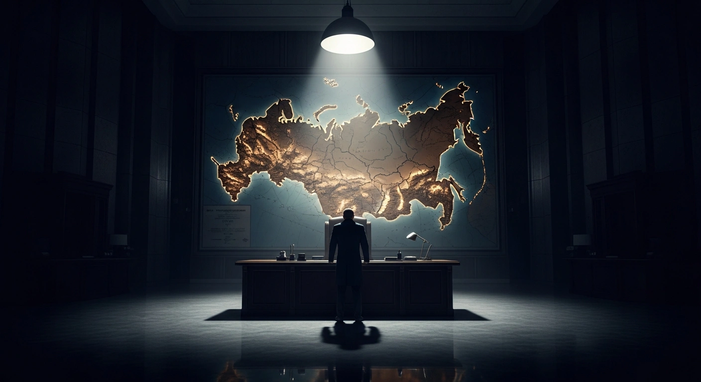 A solitary, imposing figure stands in a vast, dimly lit chamber, casting long shadows, contemplating a large, antique map of Eastern Europe, symbolizing the Russian Federation's increasing financial strain and budget deficit in 2026 due to war funding.