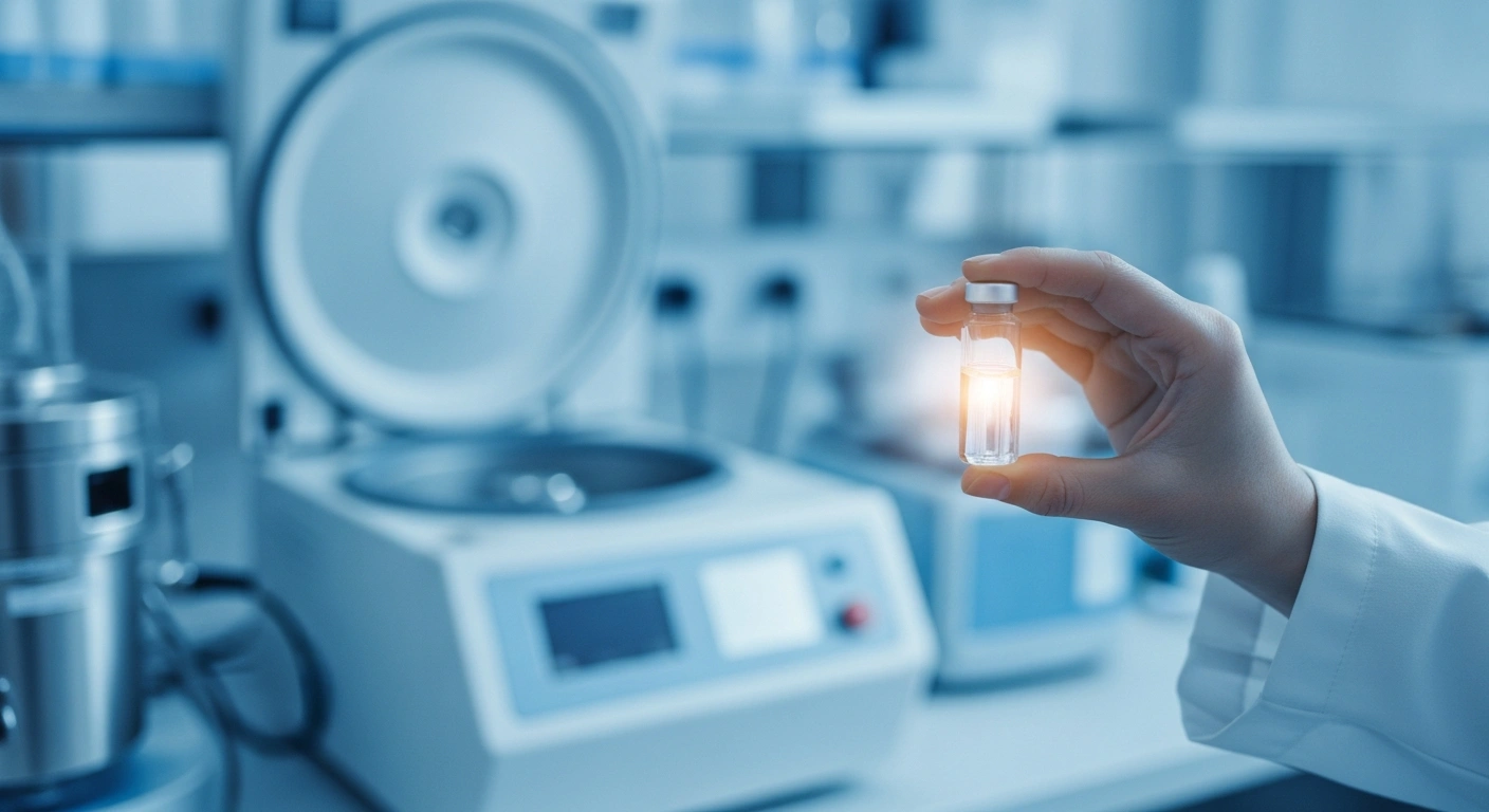 A medical researcher holds a vial of a domestically developed cancer vaccine in a modern Russian laboratory setting.