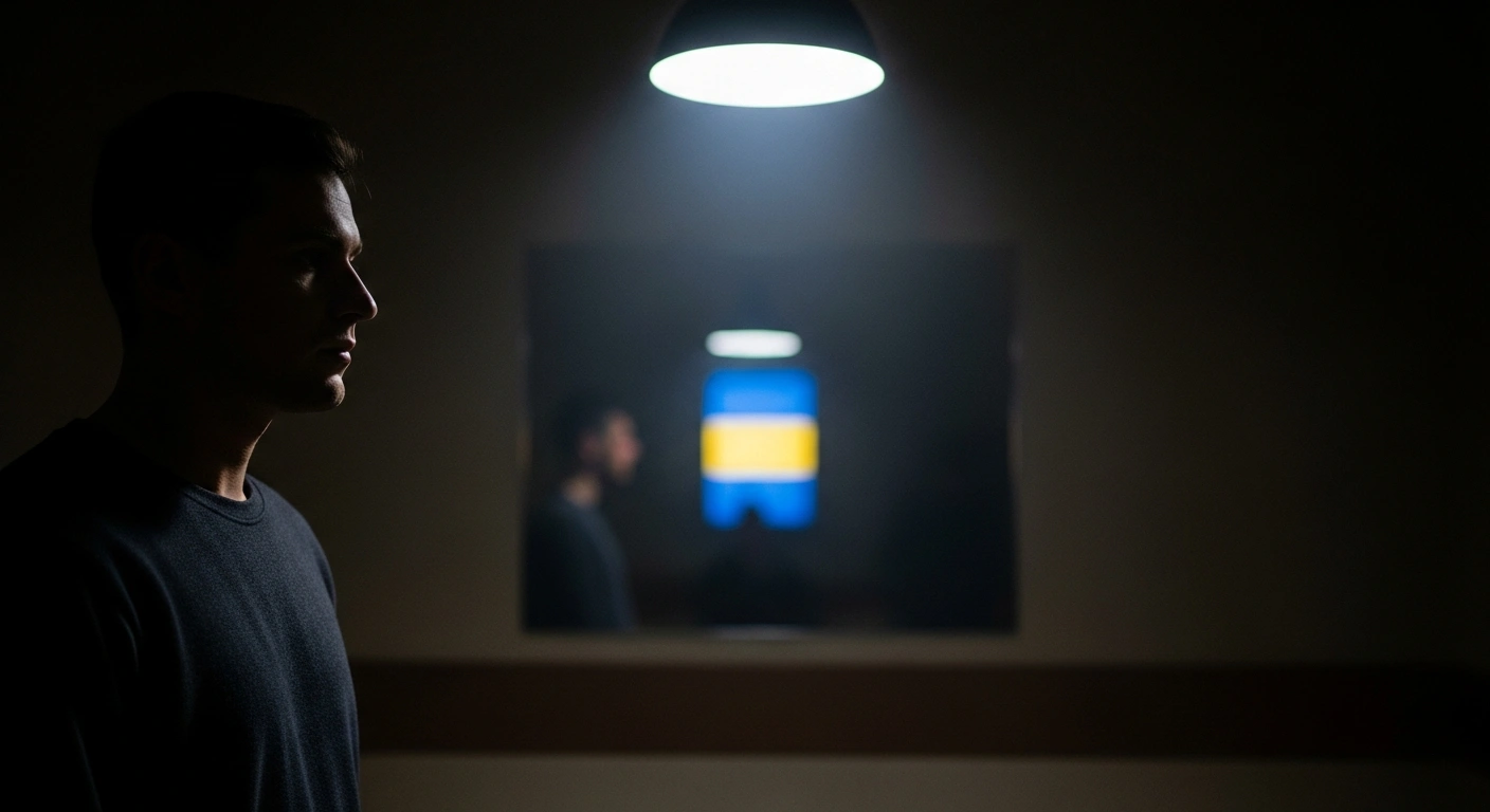 A shadowy figure stands in a stark, dimly lit interrogation room under a harsh overhead light, symbolizing the arrest of a Russian citizen in Moscow by the FSB for alleged spying for Moldova's intelligence services, an accusation Moldova denies.
