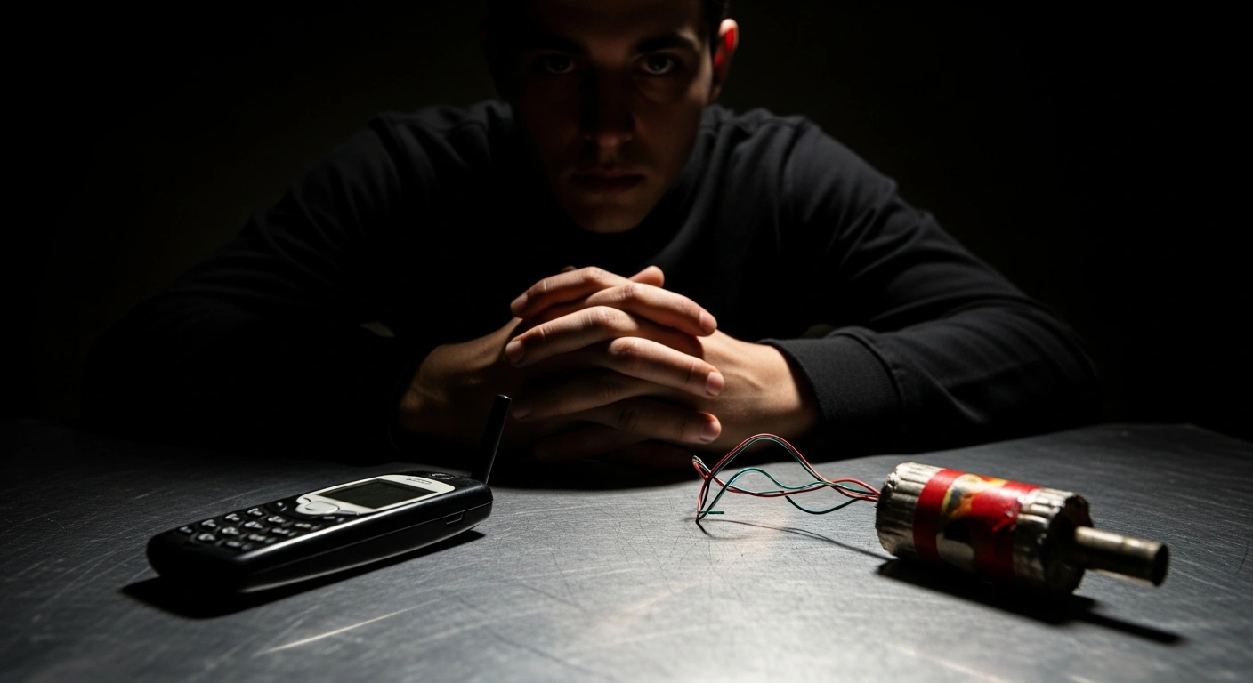 A young man stands before a table displaying a seized improvised incendiary device and a cell phone, representing the arrest of a 17-year-old in Kaliningrad by Russia's FSB for allegedly plotting to attack a Russian Orthodox church after being recruited via Telegram.