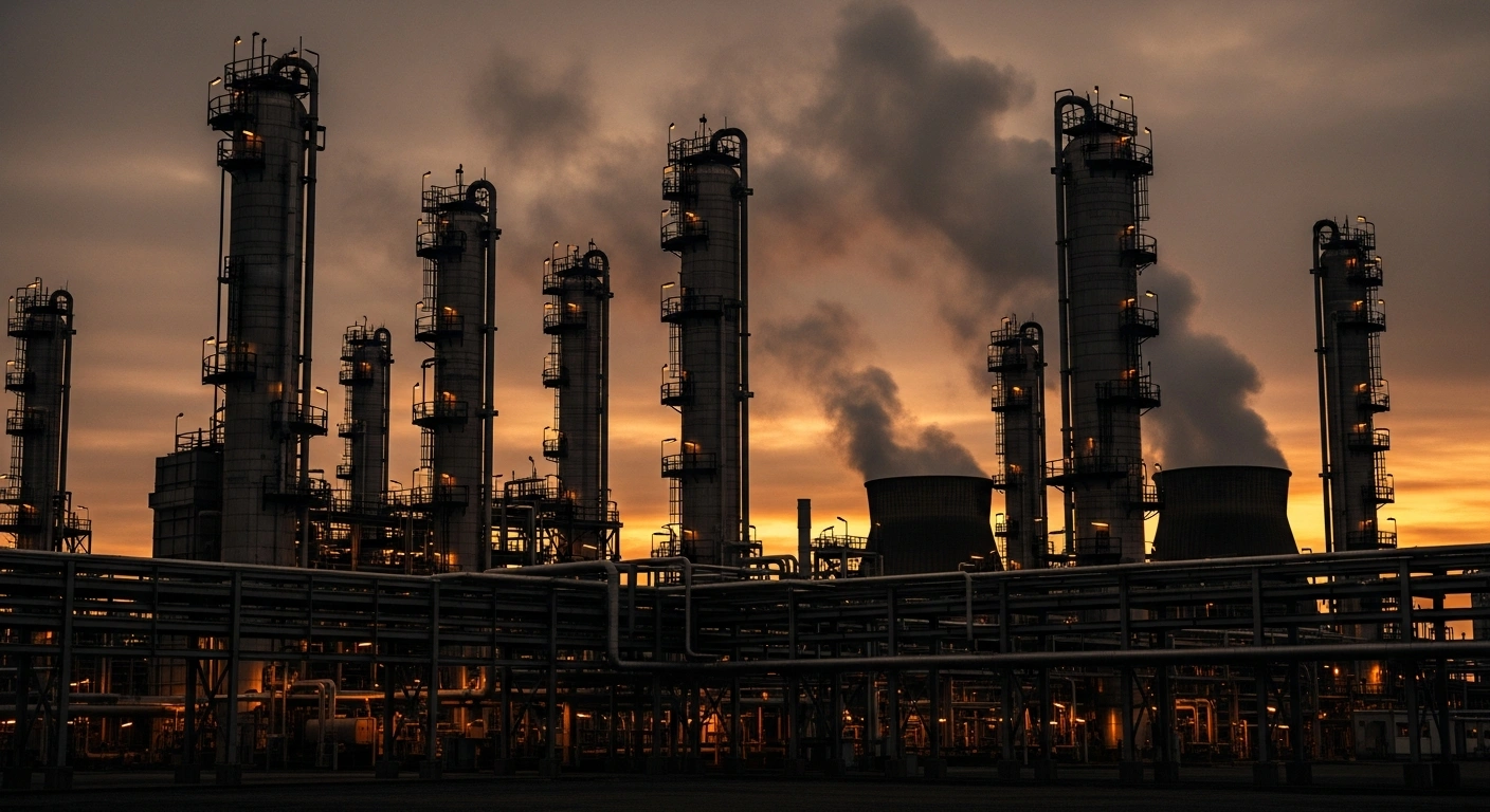 A sprawling industrial oil refinery in Russia stands under a dramatic sunset as the government extends its fuel export ban to stabilize domestic energy supplies.