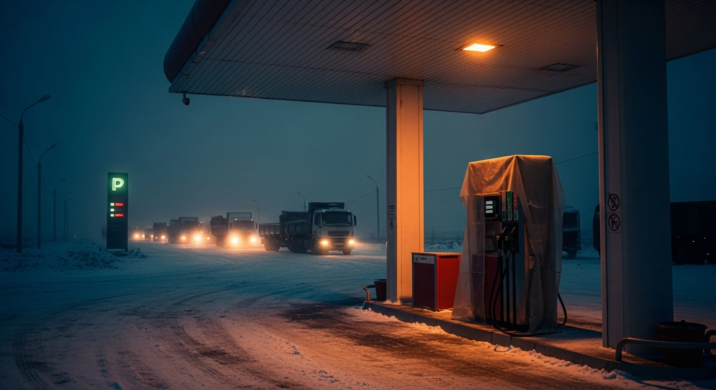 A line of vehicles waits at a closed gas station in Russia during a widespread fuel supply crisis.