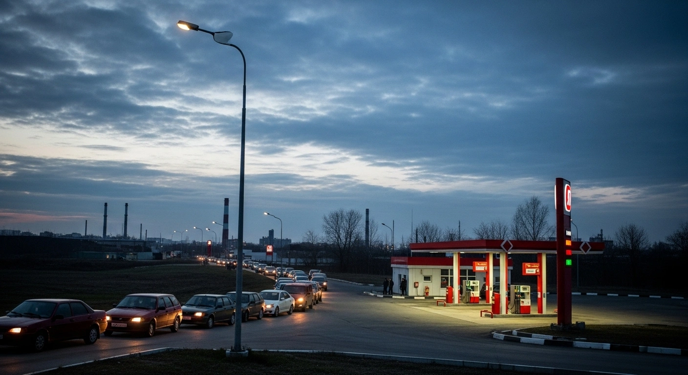 A long line of cars waits at a dark, empty gas station in an industrial area under a twilight sky, symbolizing Russia's domestic fuel shortages caused by Ukrainian drone attacks on oil refineries, leading to the need for gasoline imports.