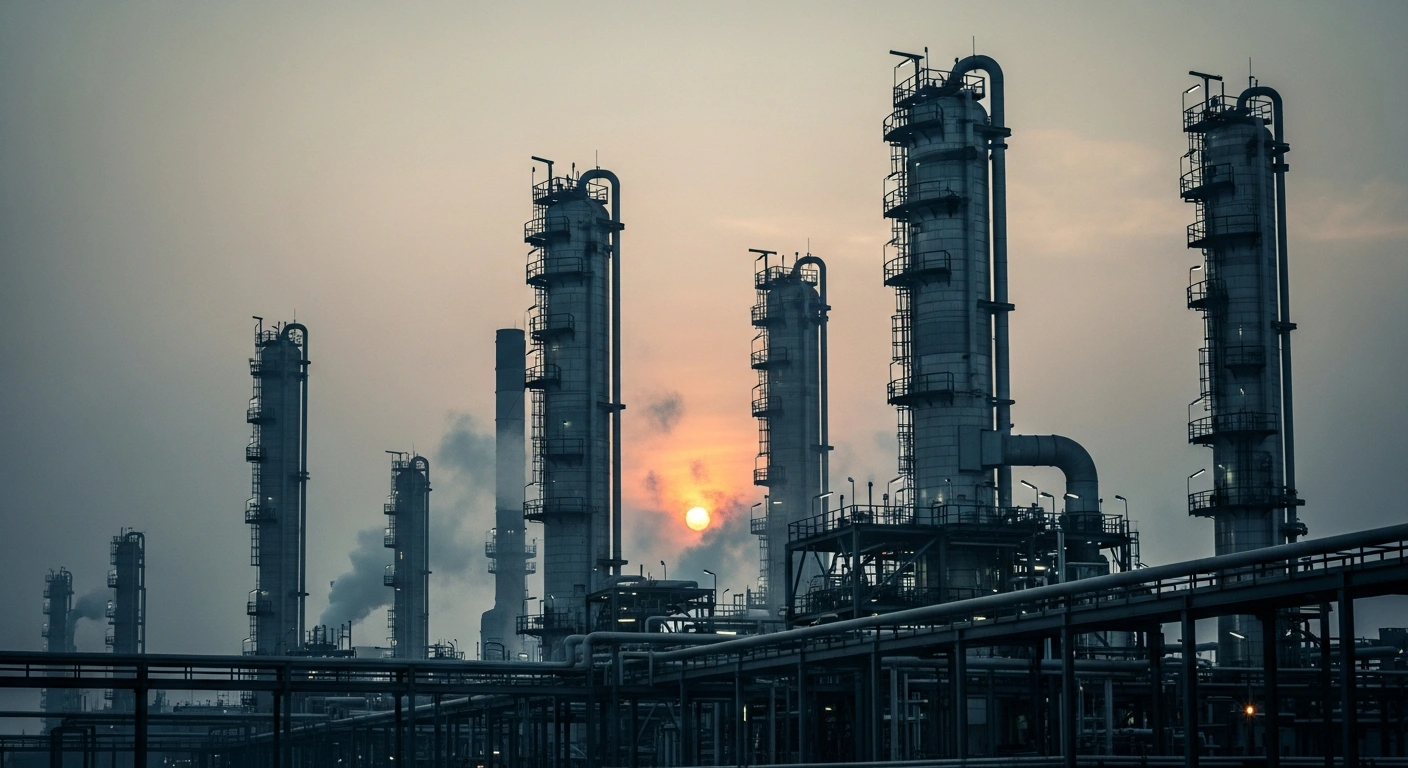 An industrial oil refinery operates under a hazy sky as Russia extends the sale of lower-grade Euro-3 and Euro-4 fuel to prevent domestic shortages.