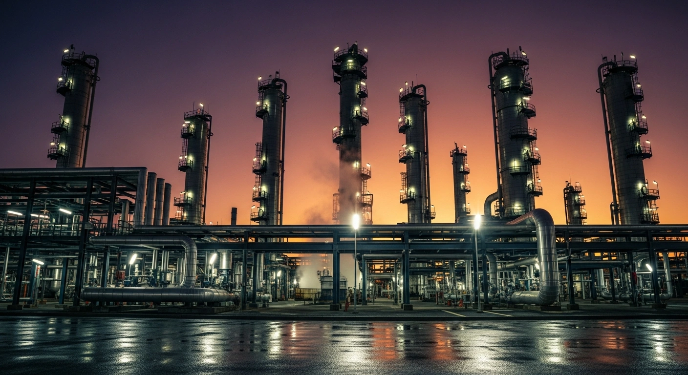 An industrial oil refinery stands under a twilight sky, representing the Russian government's potential move to restrict gasoline exports to maintain domestic fuel stability.