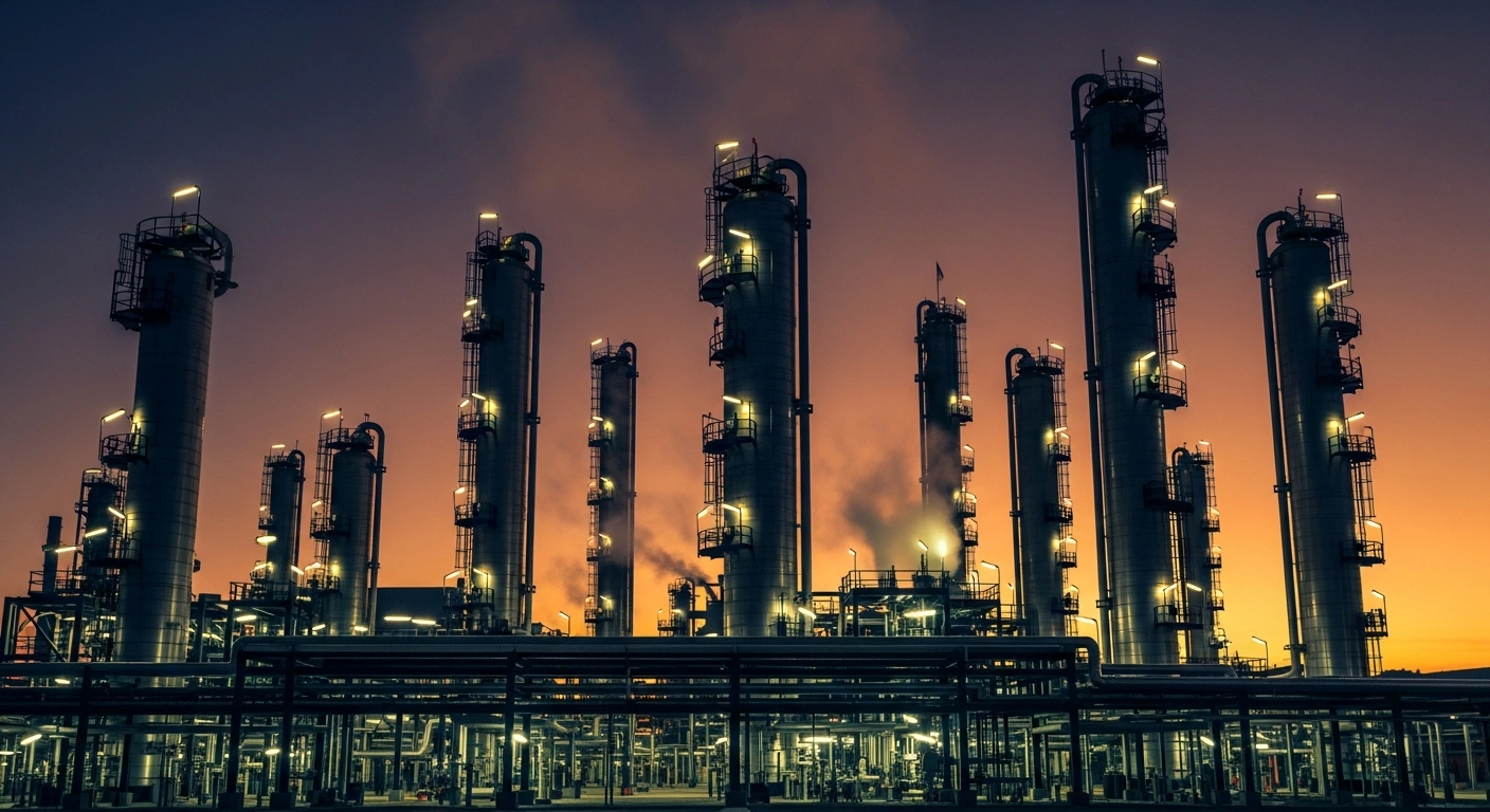 A large industrial oil refinery in Russia stands under a twilight sky as the government implements a temporary ban on gasoline exports to stabilize domestic fuel prices.