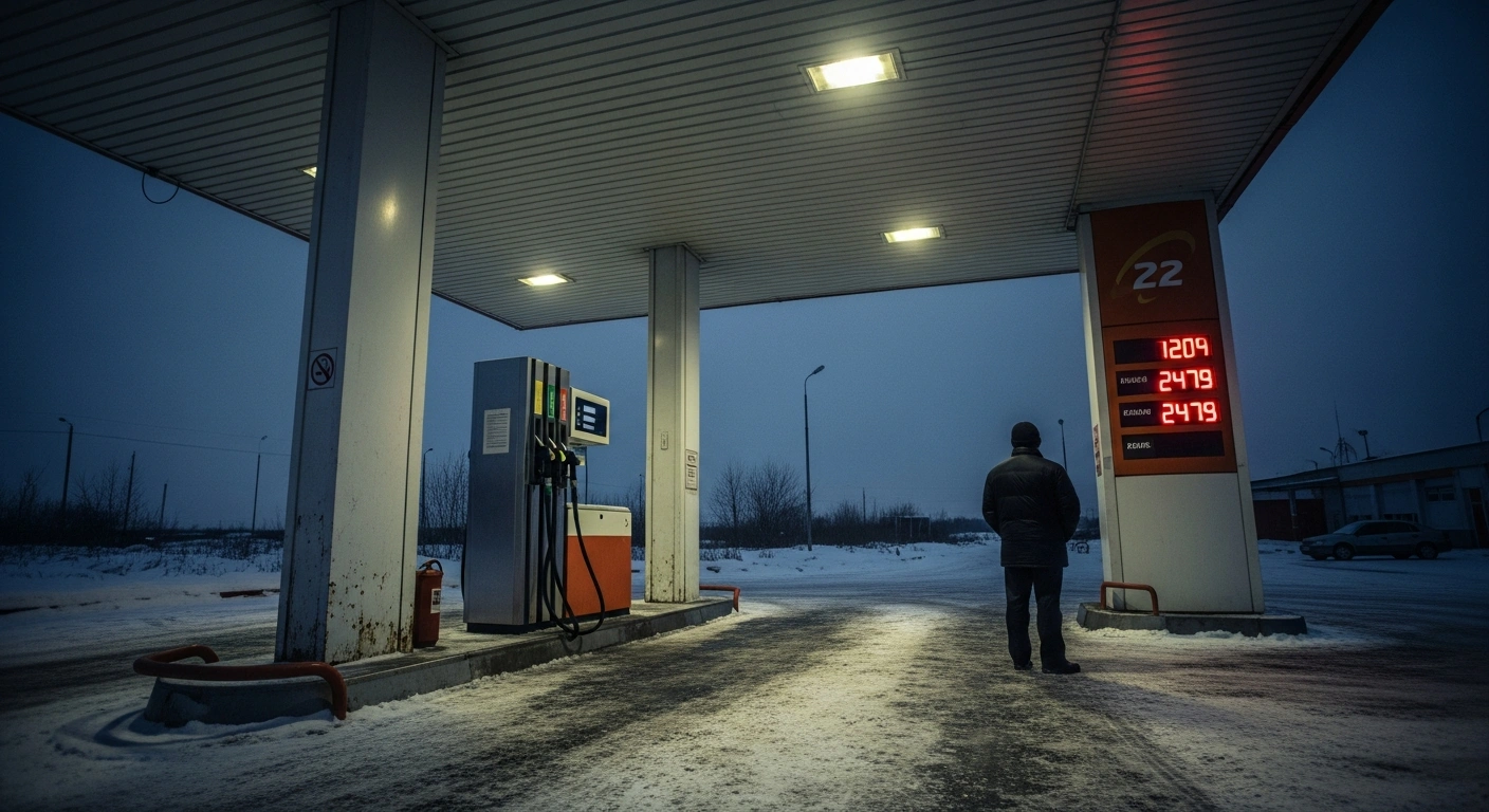 A lone driver stands at a gas station in Russia during a period of rising fuel inflation and increased gasoline prices.