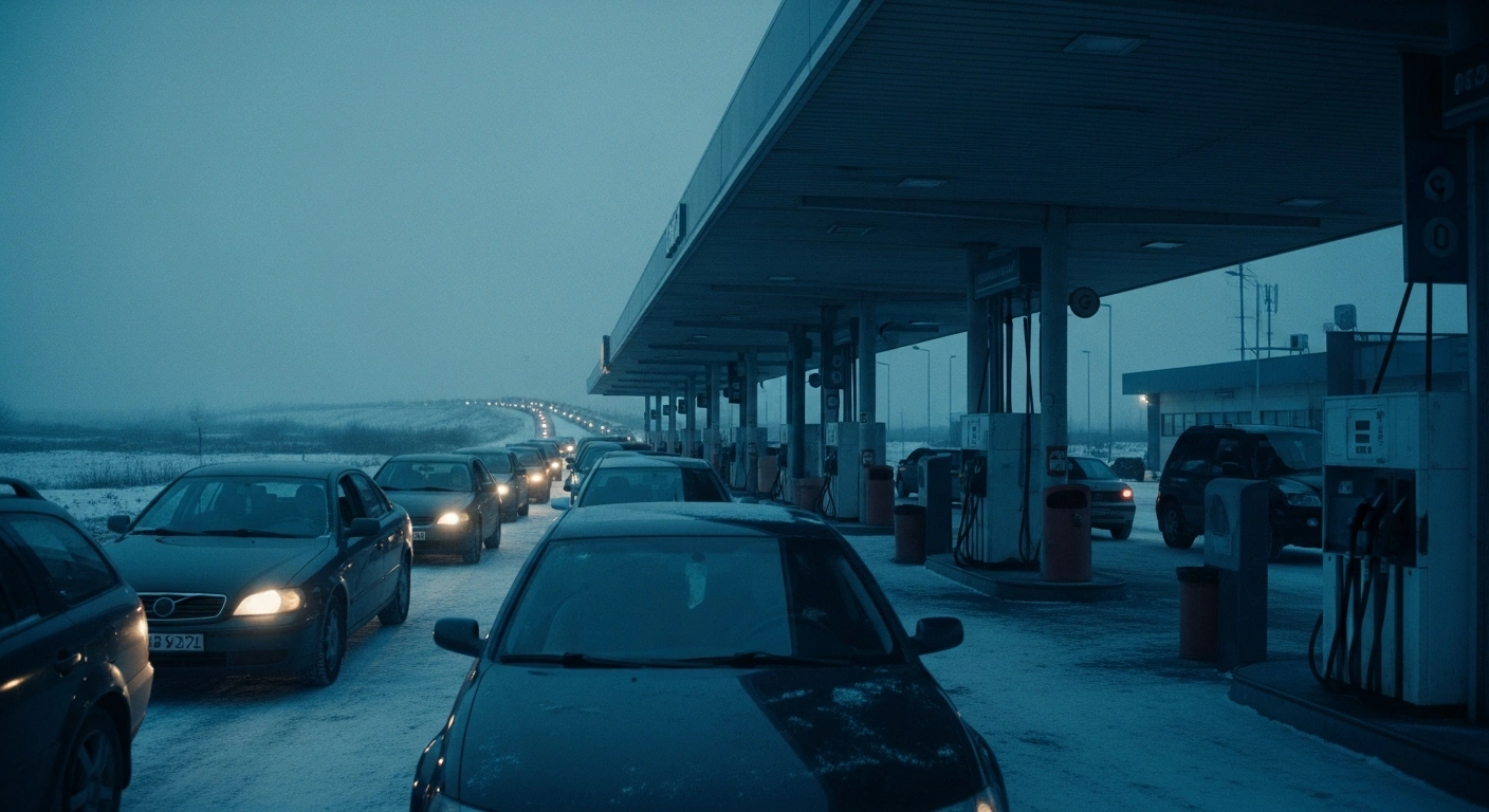 A long line of cars waits at a fuel station in Russia during a period of gasoline shortages and rising fuel costs.