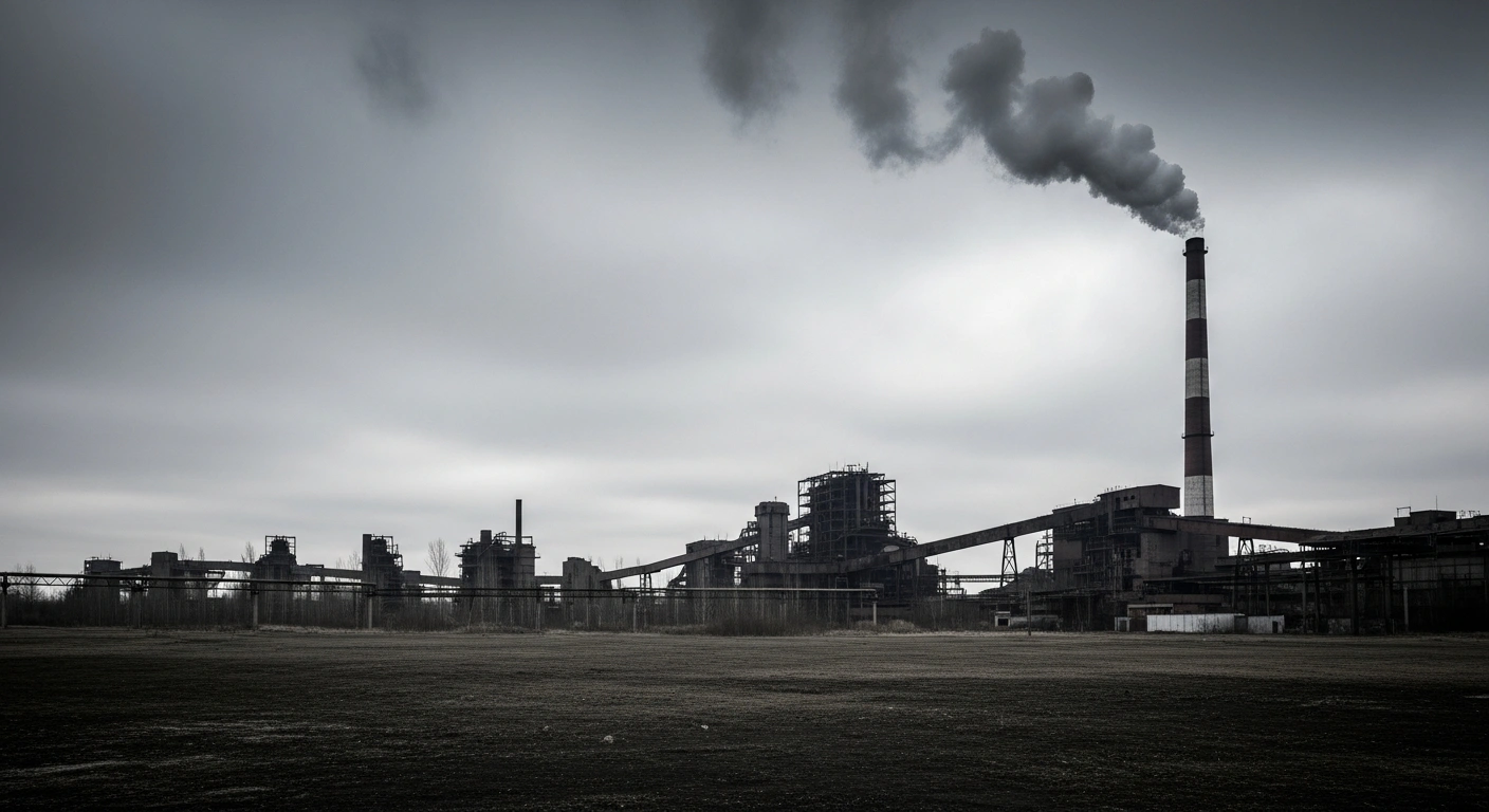 A wide, low-angle shot of a desolate industrial landscape with rusted machinery and a single smokestack emitting a faint wisp of smoke under an overcast sky, visually representing Russia's GDP growth slowing to 0.1% in November from 1.6% in October, and cumulative growth of 1.0% for January to November.