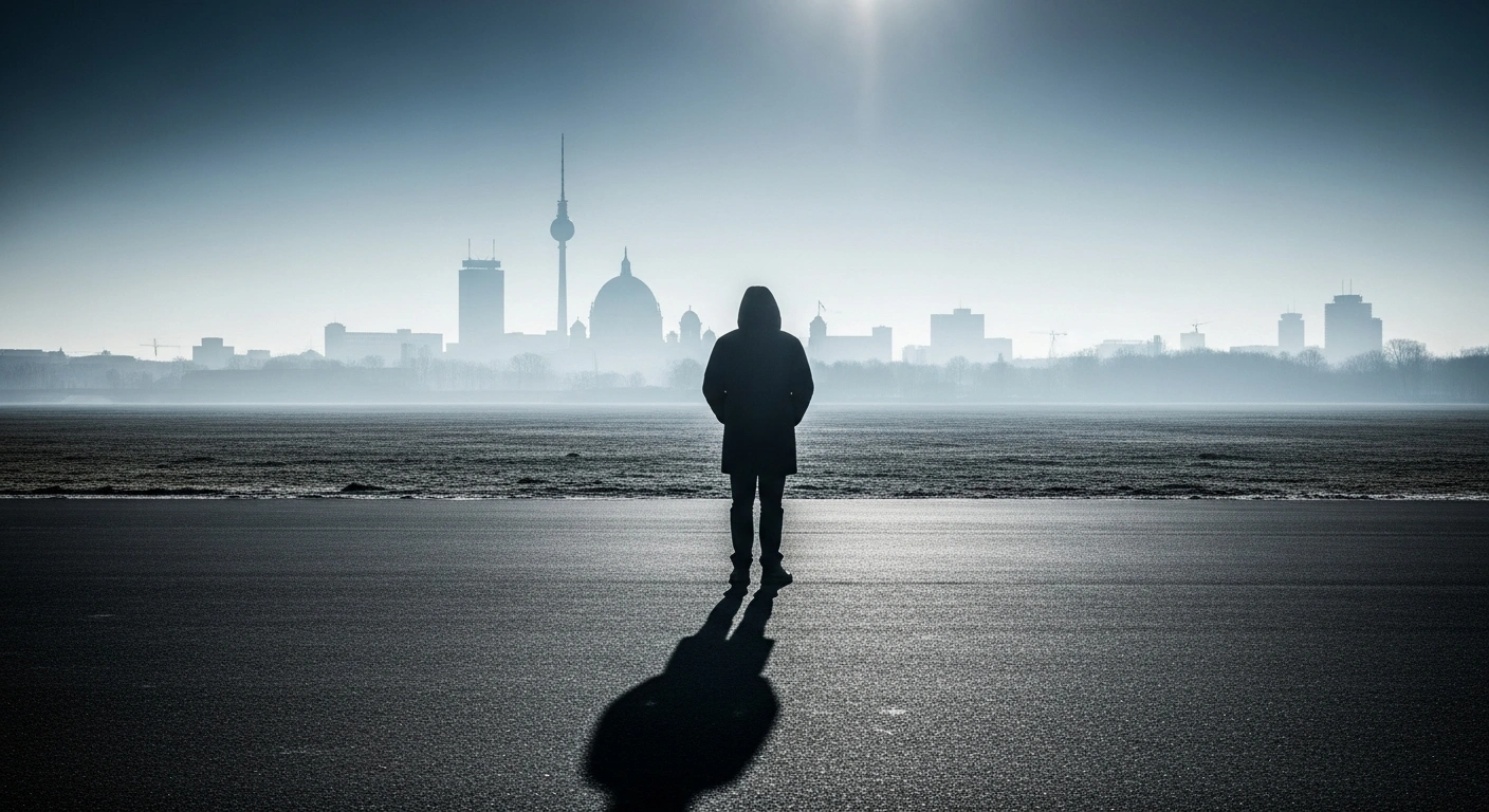A lone figure stands on a desolate plain, their back to the camera, looking towards the distant, hazy silhouette of a German city skyline under an overcast sky, symbolizing Russia's travel warning for Germany and the risks of arbitrary detentions for Russian citizens amidst diplomatic friction.