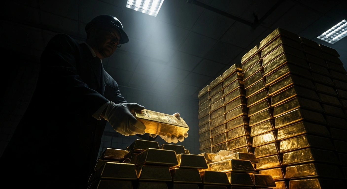 A dimly lit, low-angle shot shows a figure overseeing gloved hands moving heavy gold bars within a secure vault, symbolizing Russia's sale of physical gold from its National Wealth Fund to address its budget deficit and finance military operations.