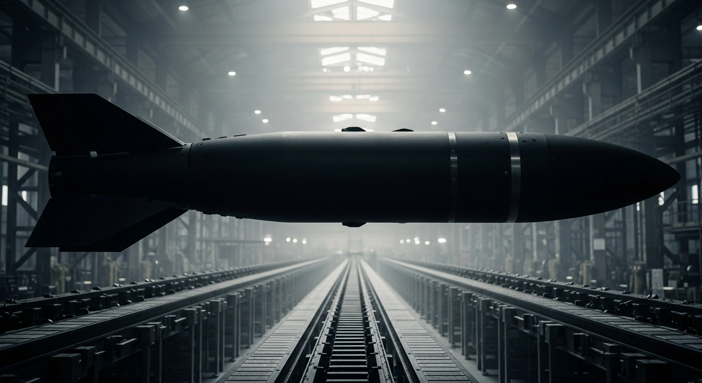 A newly designed guided aerial bomb, representing Russia's development of 400-kilometer range munitions and mass production of 200-kilometer glide bombs, stands prominently in a vast, dimly lit factory with assembly lines in the background.