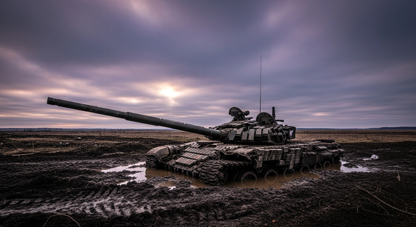 A wide, low-angle shot of a heavily damaged Russian tank half-submerged in a muddy, war-torn landscape at dawn, symbolizing Russia's heavy losses and limited tactical advances in Ukraine, as reported by Ukrainian Armed Forces spokesperson Dmytro Lykhovii.