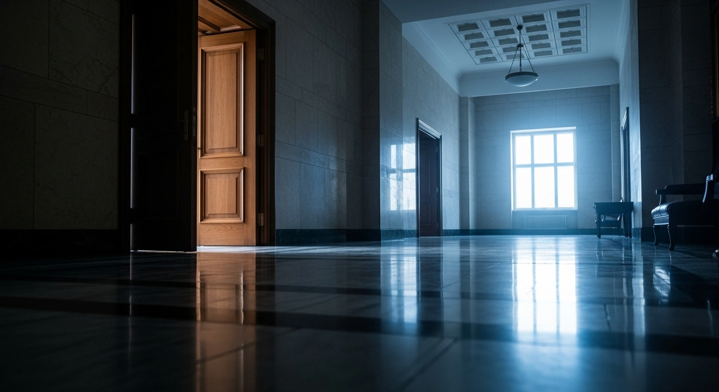 A dimly lit diplomatic corridor represents the tense monitoring of Hungarian government policy by the Russian Foreign Ministry amid the conflict in Ukraine.