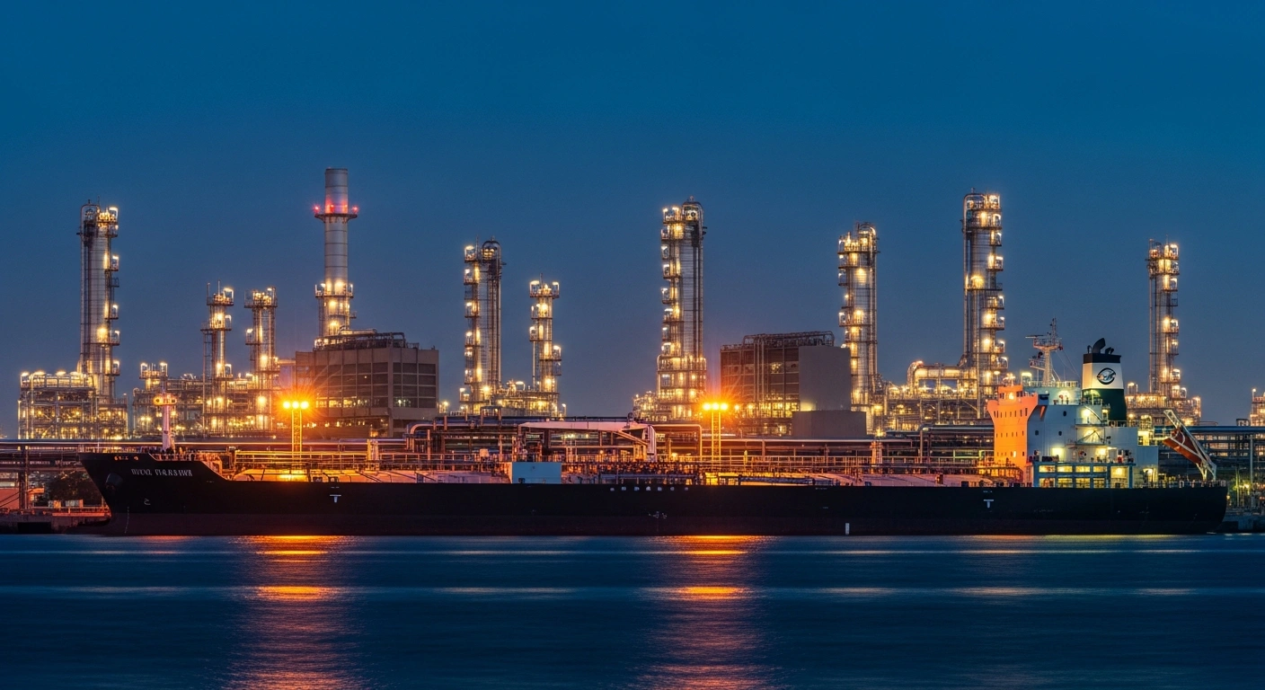 A large cargo ship carrying fuel imports arrives at a Russian refinery following domestic production shortages caused by drone strikes.