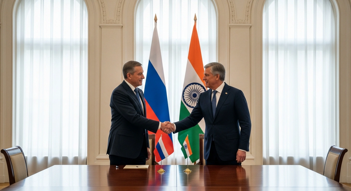 Two high-ranking officials, representing Russia and India, shake hands in a formal conference hall with their national flags displayed, symbolizing the ratification of the Reciprocal Exchange of Logistics Agreement (RELOS) and enhanced defense cooperation.