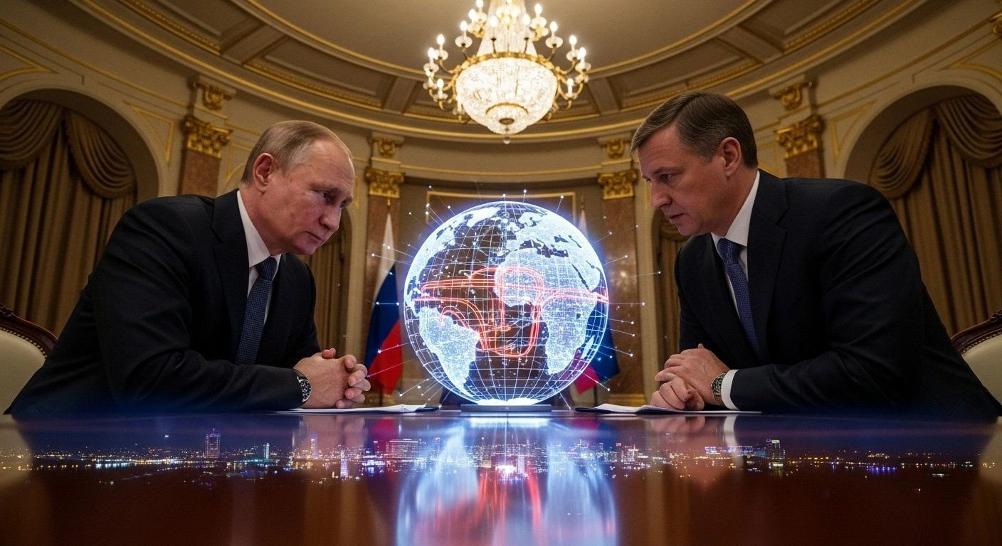 Russian President Vladimir Putin and Deputy Prime Minister Alexander Novak are shown in a dimly lit, opulent room, discussing energy matters while examining a holographic globe depicting global energy pipelines, reflecting their consultations on energy cooperation between Russia and India amidst international pressures.
