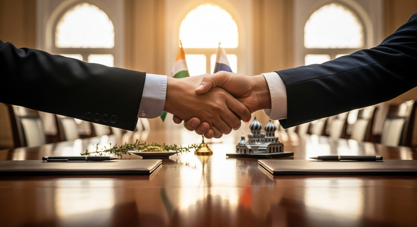 A close-up photograph shows two hands, one representing India and the other Russia, clasped in a firm handshake over a polished dark wood table, symbolizing the Memorandum of Understanding signed by the Russian government and India's Patanjali Group in New Delhi on December 6, 2025, for cooperation in health, wellness, cultural exchange, traditional Indian sciences, and skilled labor.