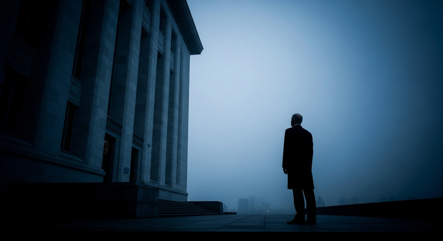 A somber government building stands in the background as a silhouette of an official represents the Russian government's legislative move to challenge international court jurisdiction.