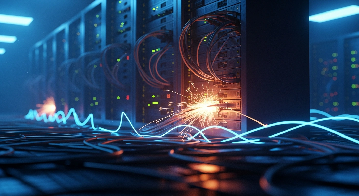A dark server room with glowing, failing fiber optic cables illustrates the technical difficulties of Russian internet censorship efforts.