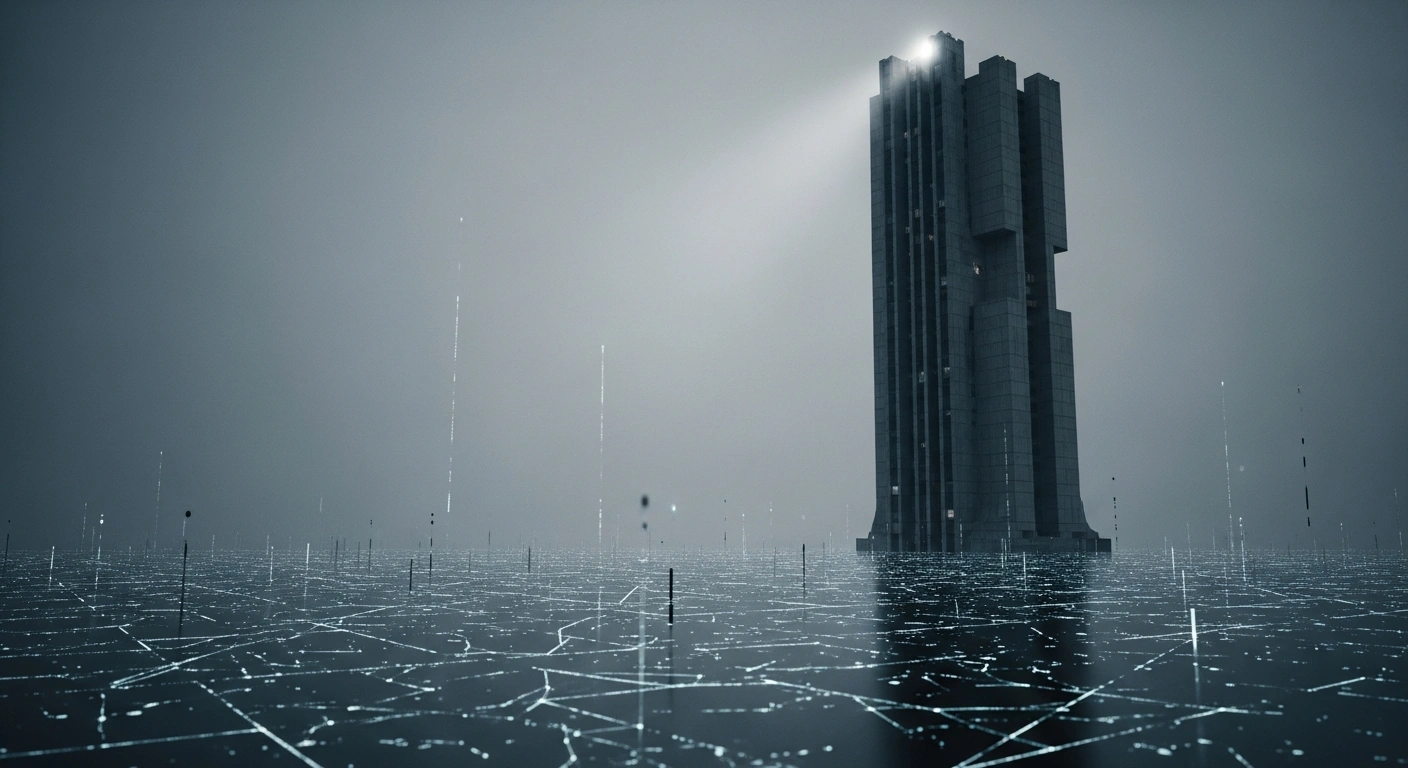 A towering, monolithic structure, symbolizing Russia's State Duma and FSB, casts a long, oppressive shadow over a fading digital network, representing the shutdown of internet and mobile services and expanded state control over communications.