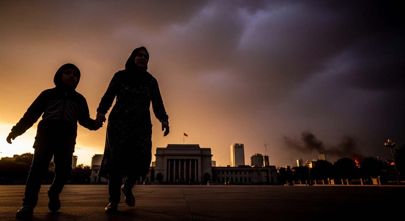 A family, likely Russian citizens, is depicted in silhouette against a turbulent, ominously lit sky, hurrying away from a city skyline, symbolizing Russia's warning of regional catastrophe following US and Israeli airstrikes on Iran and the urgent call for its citizens to leave Iran.