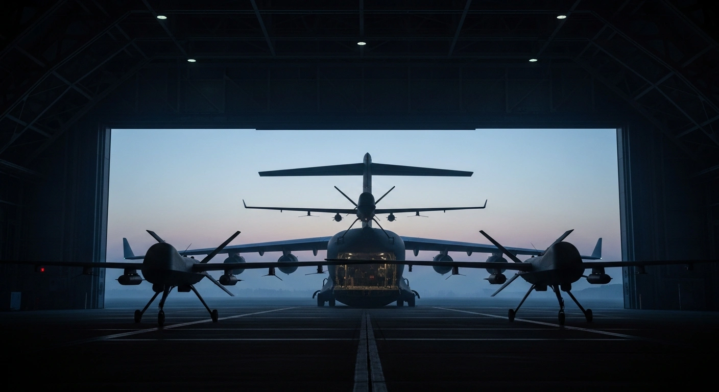 Silhouettes of military drones are being loaded into a transport aircraft, representing the reported defense cooperation between Russia and Iran.