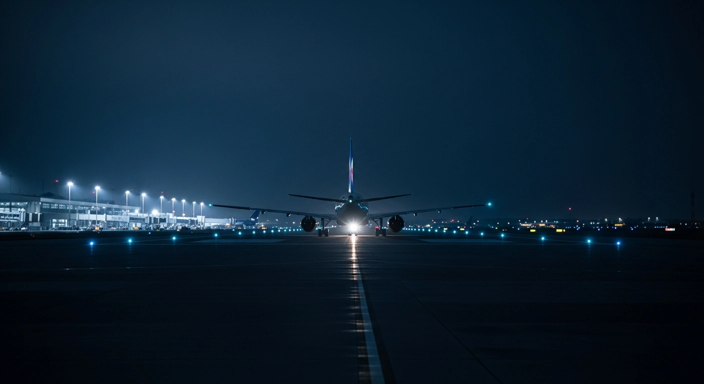 A commercial passenger airplane sits idle on a dark airport runway during a temporary night flight restriction imposed by Russian aviation authorities.