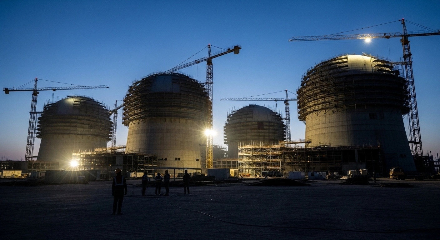 Four Generation III nuclear reactor domes are under construction in a desert landscape, illuminated by industrial floodlights at twilight, symbolizing the $25 billion agreement between Russia's Rosatom and Iran's Hormoz company to add 5,000 megawatts to Iran's grid.