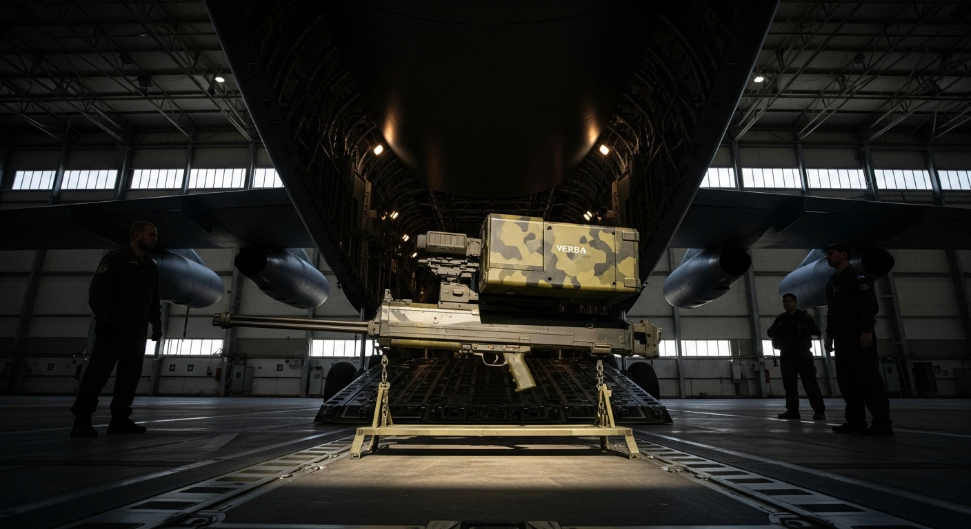 A dimly lit, cinematic scene inside a large aircraft hangar depicts a 'Verba' shoulder-fired air defense system being unloaded from a Russian transport plane, symbolizing the reported €500 million secret deal for Russia to supply Iran with advanced air defense systems to bolster its defenses, which were damaged during a conflict with Israel.