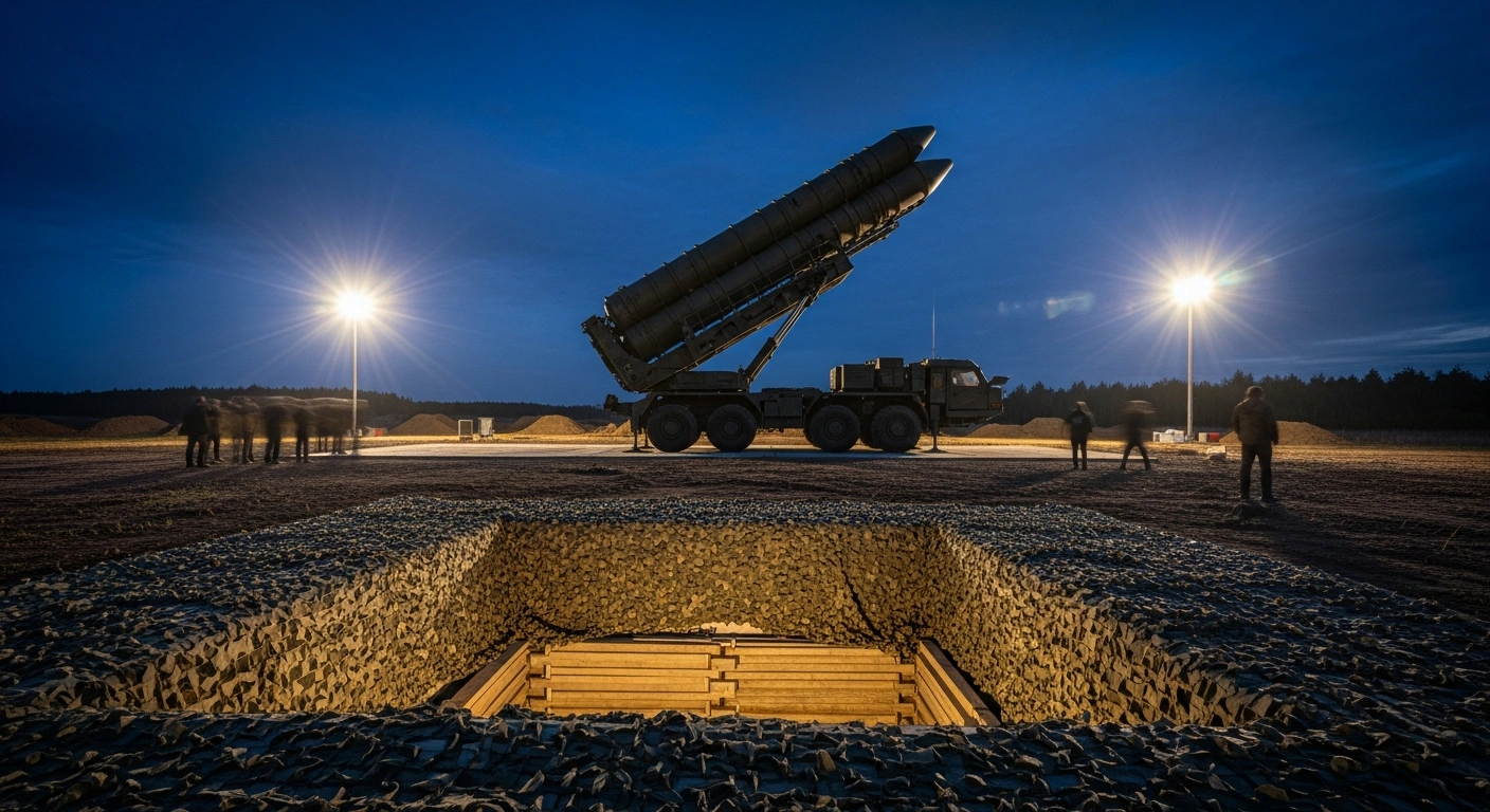 A wide, low-angle view shows an Iskander-M ballistic missile launcher at a newly constructed, heavily fortified Russian launch site near the Ukrainian border, illuminated by artificial floodlights at pre-dawn.