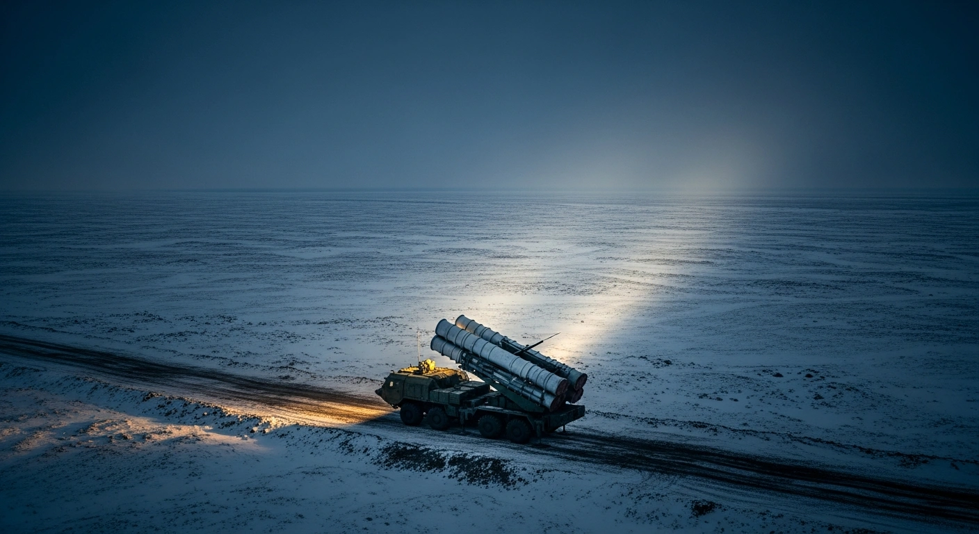 A high-angle view captures a single Russian Iskander short-range missile launcher, its dark silhouette prominent against a snow-dusted, desolate landscape under a pre-dawn sky, symbolizing Russia's deployment of such systems near the Ukrainian border and in occupied Crimea.