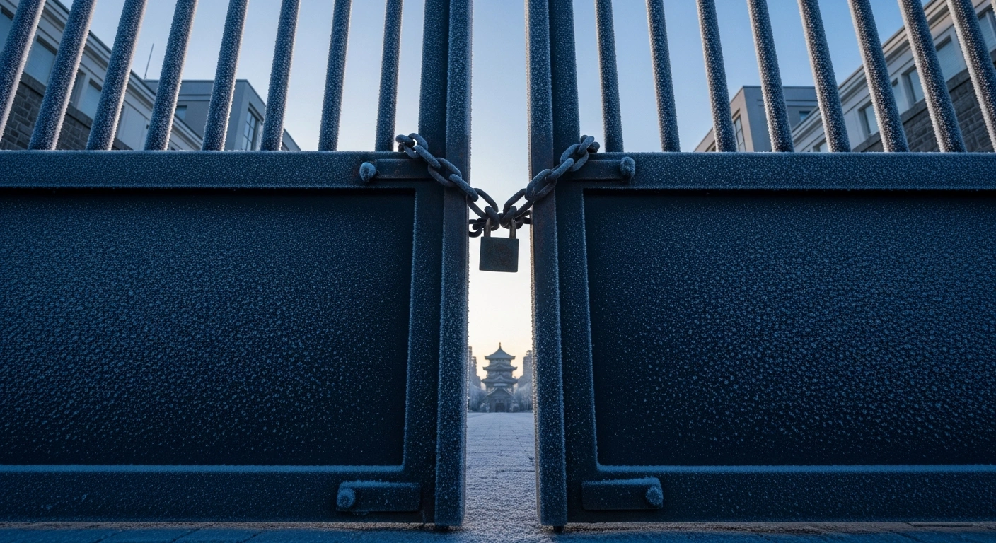 A stark, frost-covered iron gate, partially open but secured with a heavy chain and padlock, stands before a blurred, muted cityscape with subtle Japanese architectural elements, symbolizing Russia's ban on Japanese nationals and escalating diplomatic tensions due to sanctions.
