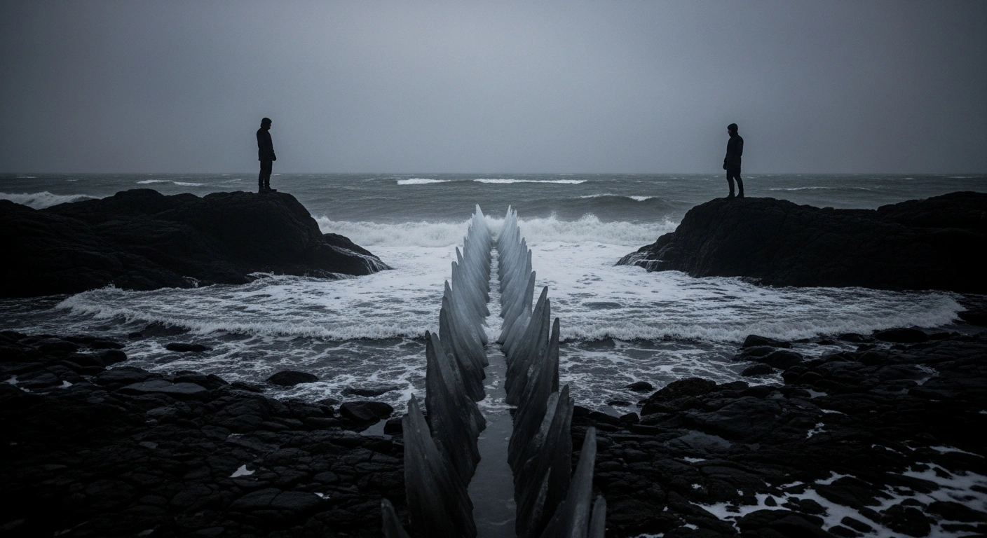 A wide-angle photograph shows two silhouetted figures standing on separate rocky outcrops, divided by a turbulent grey sea and a subtle barrier of jagged ice, symbolizing the strained bilateral relations between Russia and Japan due to Tokyo's sanctions over the Ukraine conflict and the unresolved Kuril Islands dispute.