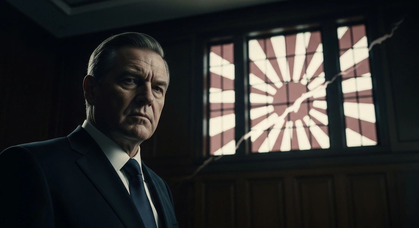 A stern-faced diplomatic figure, representing Russian Deputy Foreign Minister Andrey Rudenko, is shown in a dimly lit room, with a stylized, unsettling rising sun symbol in the background, illustrating Russia's warning to Japan against nuclear weapons and regional destabilization.