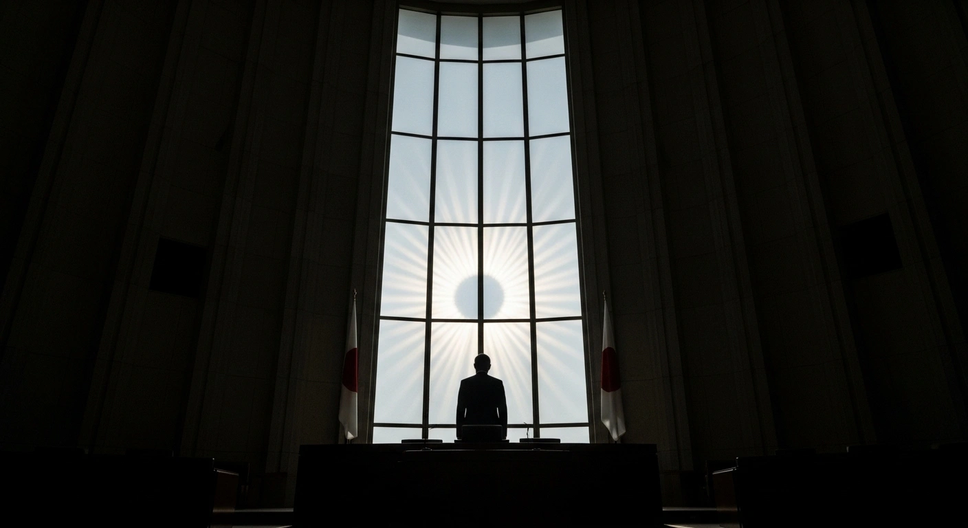 A powerful, imposing figure representing Russia stands silhouetted in a dimly lit, brutalist government chamber, looking out at a distant, stylized glow symbolizing Japan, depicting Russia's warning of an asymmetric response to Japan's expanded sanctions.