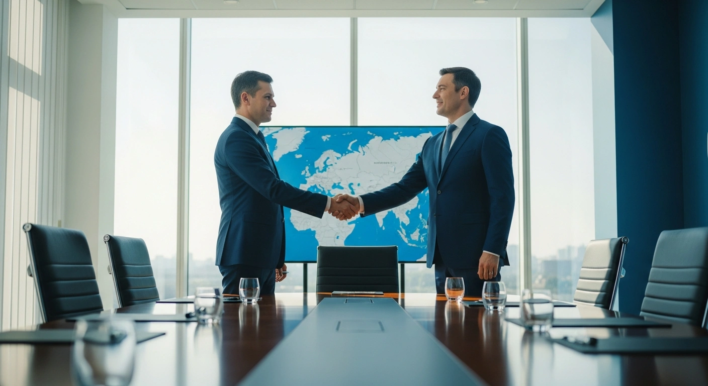 Russian and Kazakh officials shake hands during a formal meeting to discuss trade and economic cooperation within the Eurasian Economic Union.