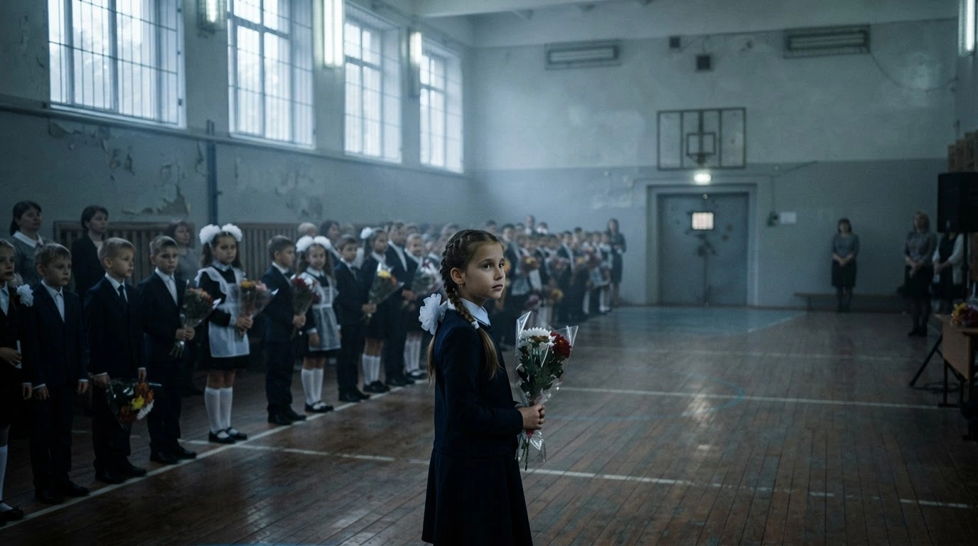 A group of Russian students stands inside a school gymnasium for a relocated Knowledge Day ceremony due to heightened security concerns.
