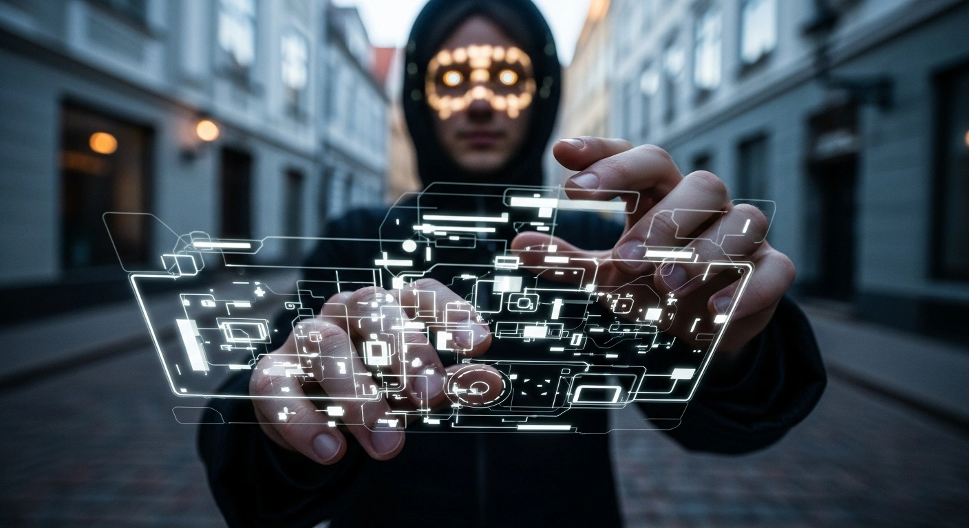 A pair of hands manipulates a glowing digital screen, casting distorted light, with a blurred traditional Baltic city street in the background, symbolizing Russia's disinformation efforts targeting Latvia and undermining public trust.