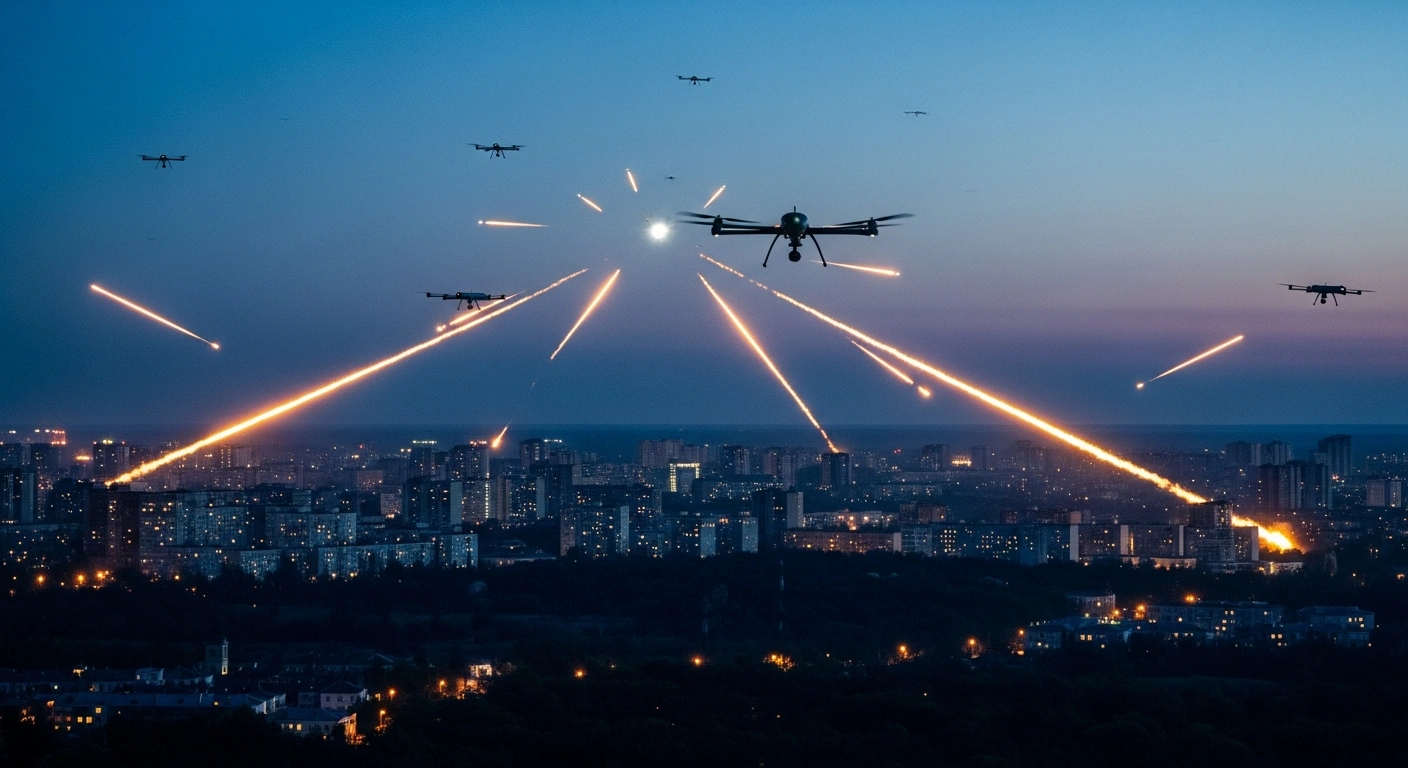 Ukrainian air defenses fire interceptor missiles at a swarm of Russian long-range drones over a city skyline at night.