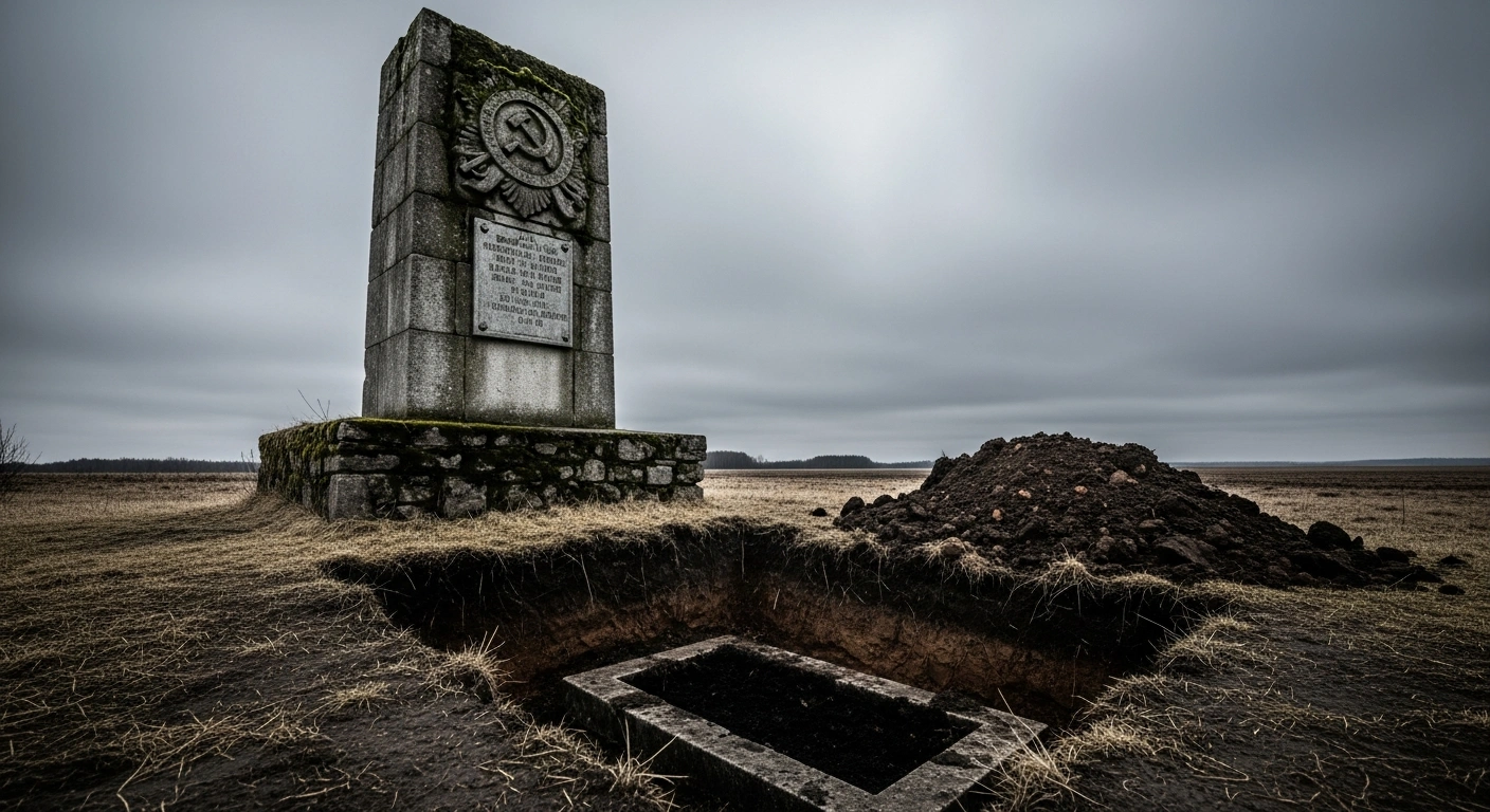 A desolate military memorial stands near an open excavation site where Soviet soldiers' remains were removed, reflecting the diplomatic tension between Russia and Lithuania.