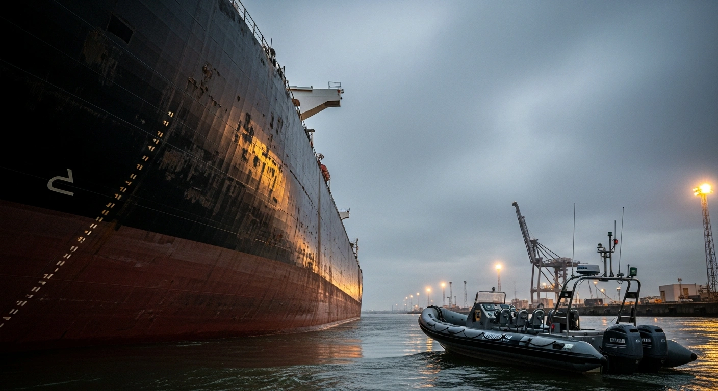 A large, weathered foreign cargo vessel is approached by a small official boat under an overcast sky at an industrial Russian port, symbolizing the new regulations requiring FSB clearance and potential underwater inspections for international shipping.