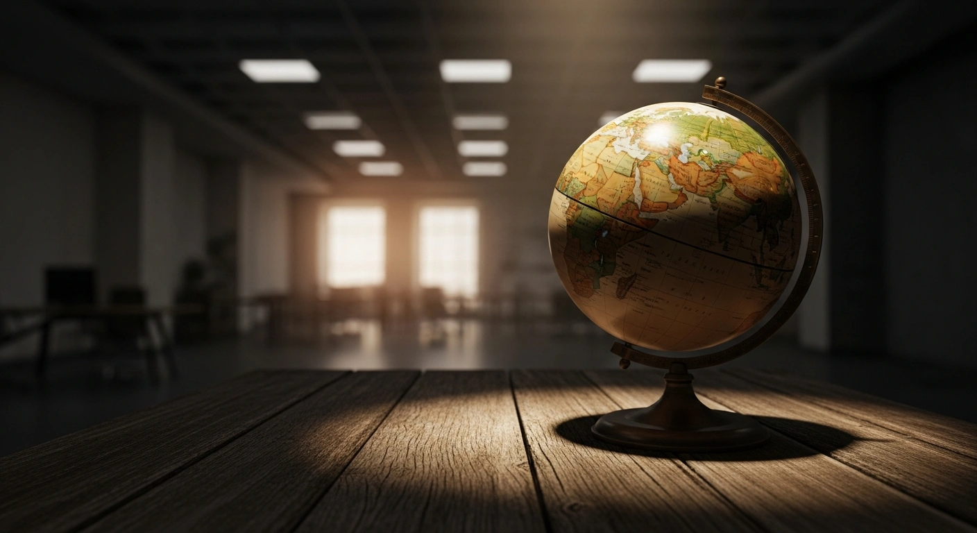 An antique globe showing the Middle East sits on a desk as a symbol of Russia's diplomatic efforts to restore peace in the region.